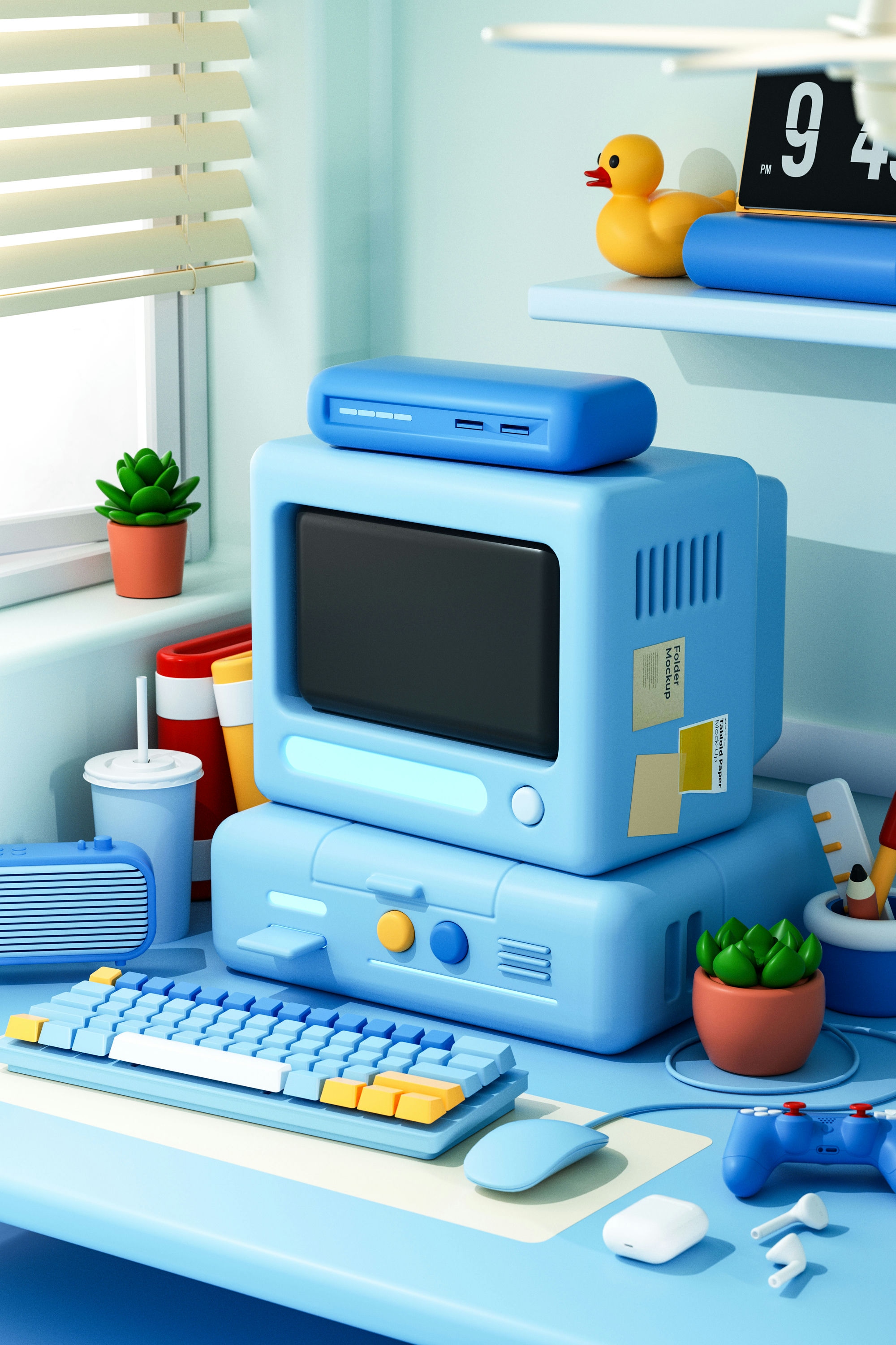 电脑工作台卡通创意桌面场景c4d模型渲染工程