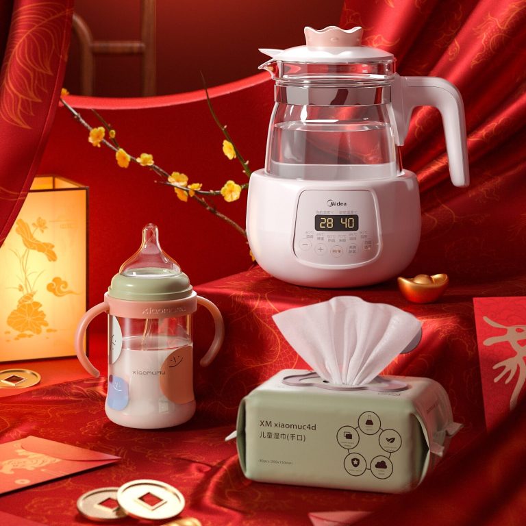 年货节母婴产品水壶湿巾奶瓶渲染工程